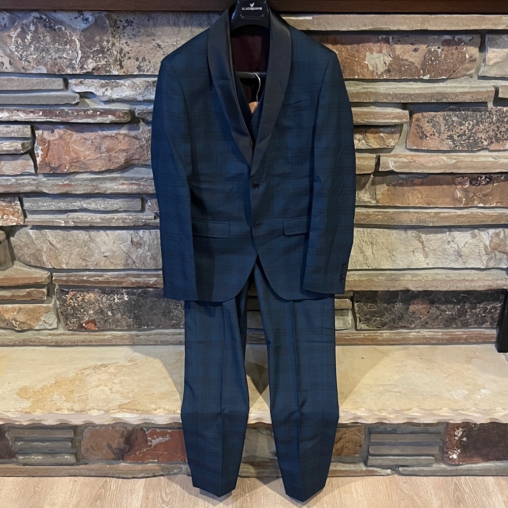 Blackberrys Teal Plaid Wool Blend Three-Piece Suit Slim Fit Size 40